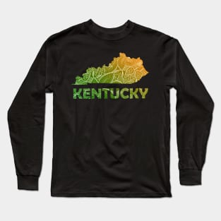 Colorful mandala art map of Kentucky with text in green and orange Long Sleeve T-Shirt